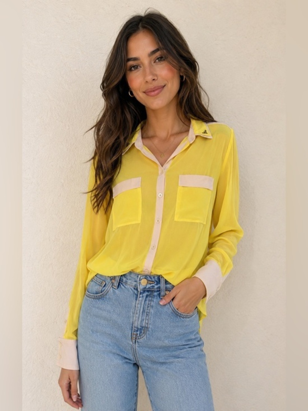 Democracy Yellow Sheer Button-Up Blouse with Cream Trim